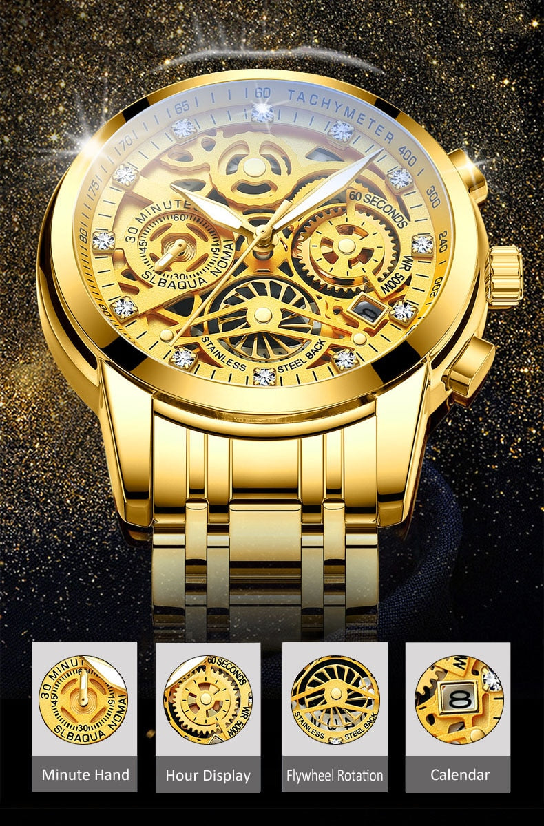 Men’s Watches Tourbillon Rotating Gold Steel Business Wristwatch