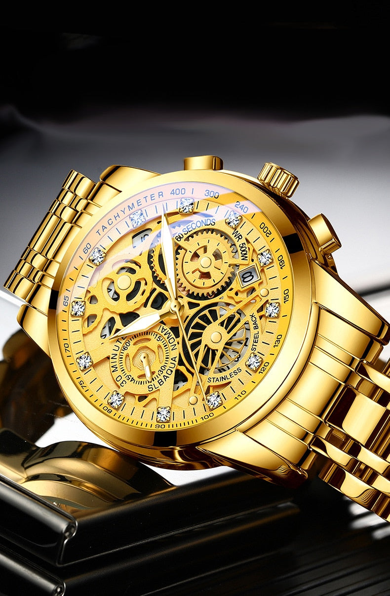 Men’s Watches Tourbillon Rotating Gold Steel Business Wristwatch