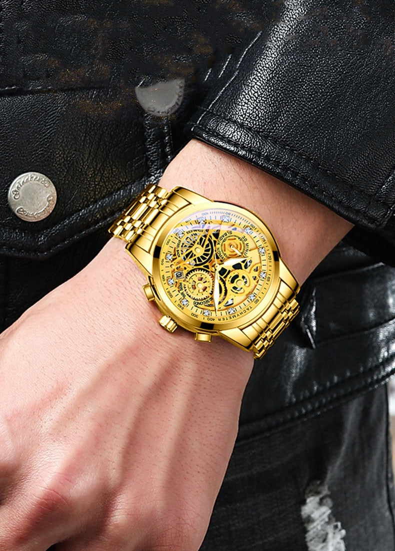 Men’s Watches Tourbillon Rotating Gold Steel Business Wristwatch