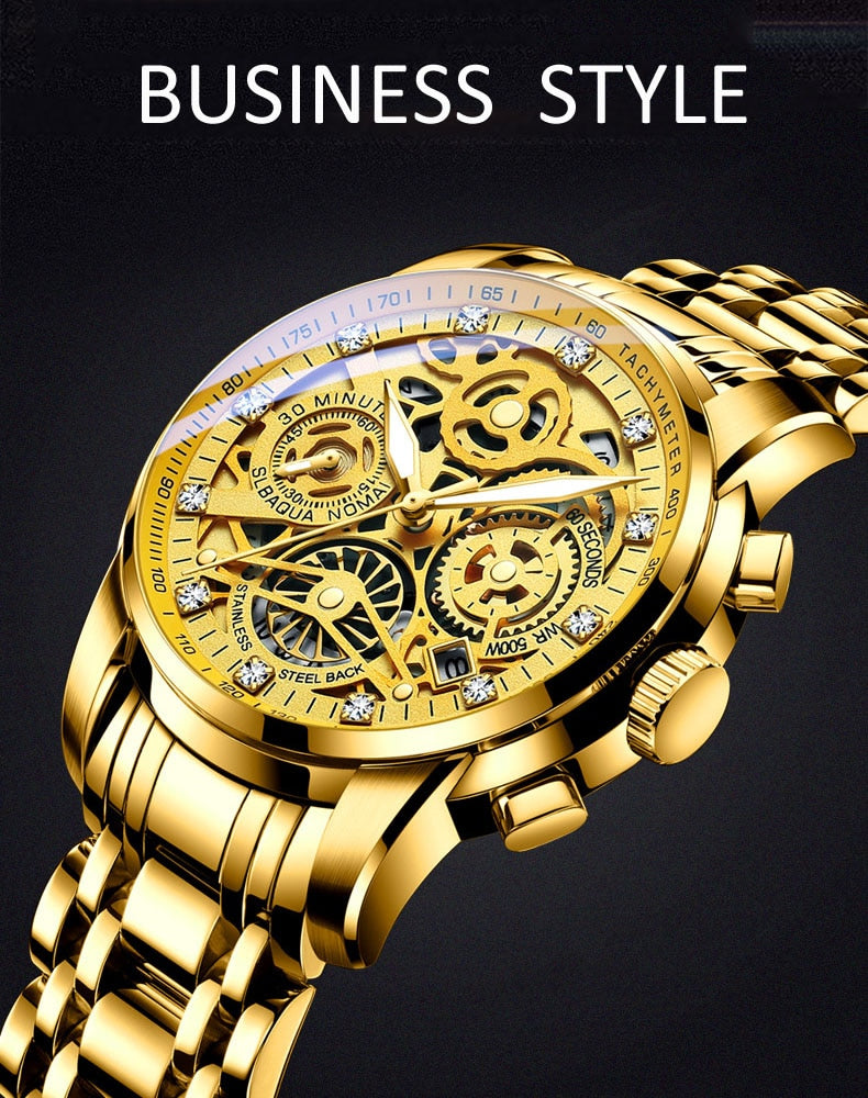 Men’s Watches Tourbillon Rotating Gold Steel Business Wristwatch