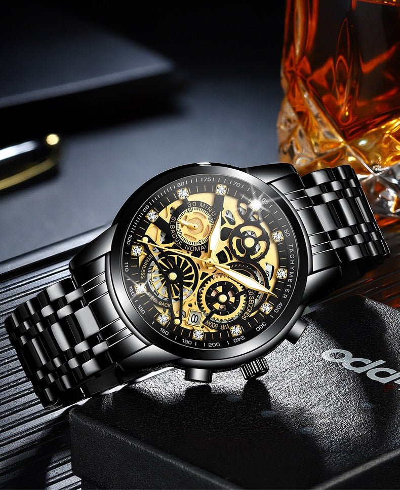 Men’s Watches Tourbillon Rotating Gold Steel Business Wristwatch