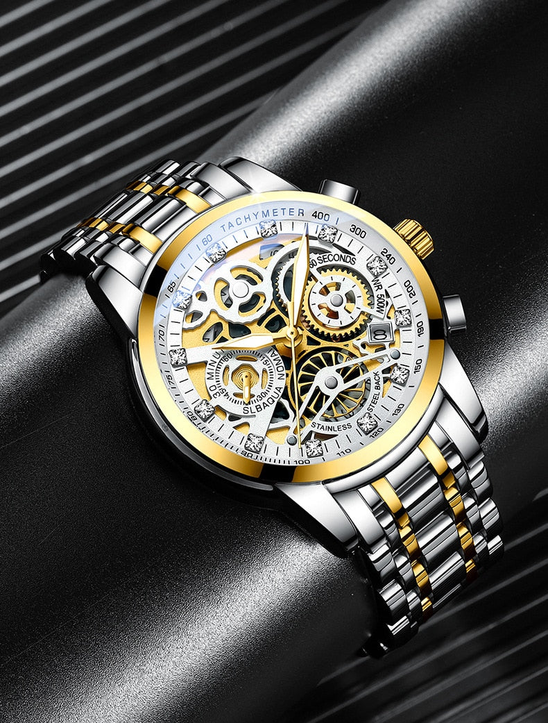 Men’s Watches Tourbillon Rotating Gold Steel Business Wristwatch