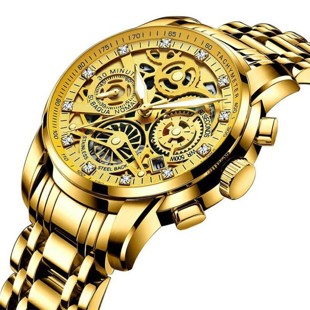 Men’s Watches Tourbillon Rotating Gold Steel Business Wristwatch