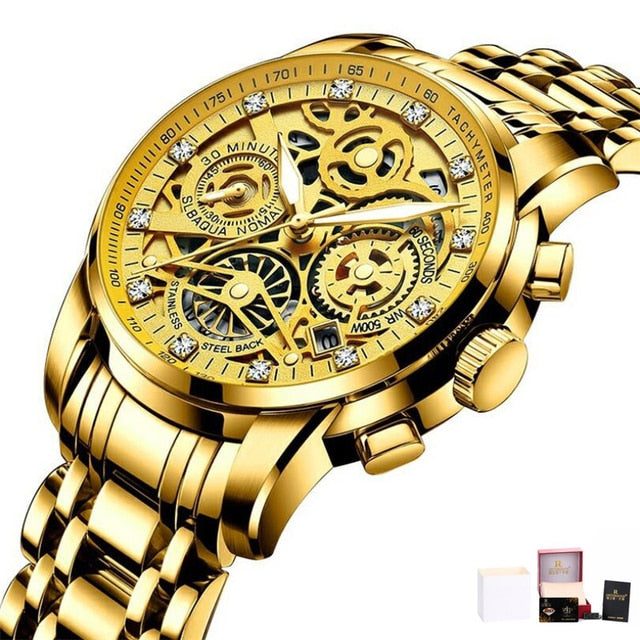 Men’s Watches Tourbillon Rotating Gold Steel Business Wristwatch