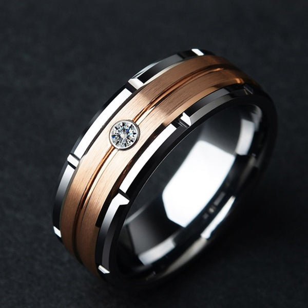 Anillo de circonita AAA con incrustaciones cepilladas en oro rosa