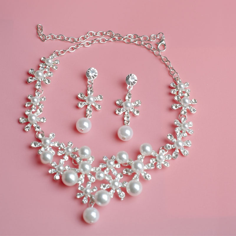Pearl Tiara Necklace Earrings Sets