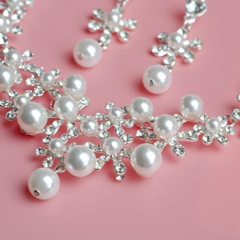 Pearl Tiara Necklace Earrings Sets