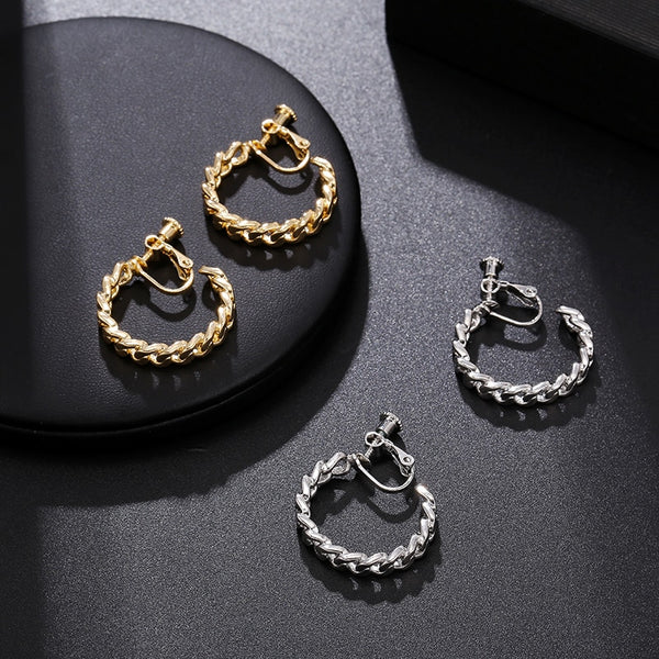 Fashion Trendy Minimalist Clip Earrings Braided Chain Non Pierced Hoop Earrings