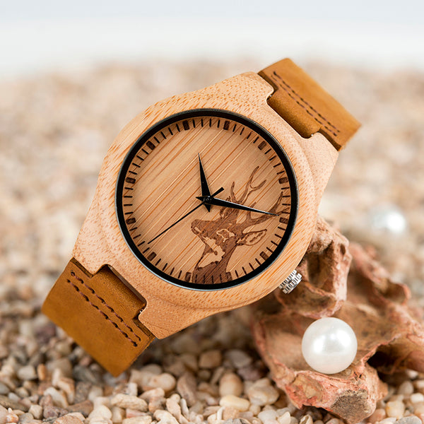 Men Elk Deer Head Bamboo Engraving Watches