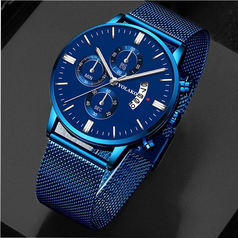 Classic Blue Stainless Steel Mesh Belt Quartz Wristwatch