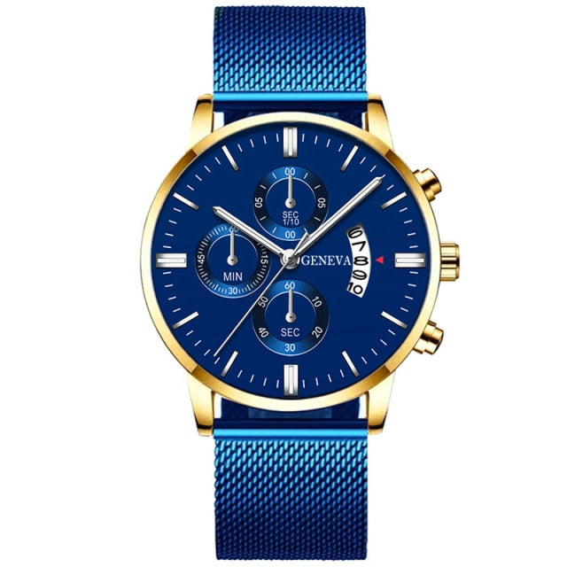 Classic Blue Stainless Steel Mesh Belt Quartz Wristwatch