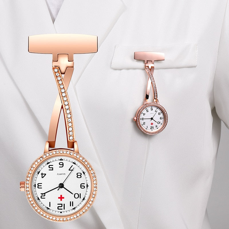 Fashion Rosegold CZ Nurse Clip-on Pocket Watch