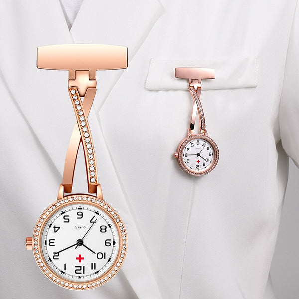 Reloj de bolsillo con clip de enfermera de moda en oro rosa con circonitas cúbicas