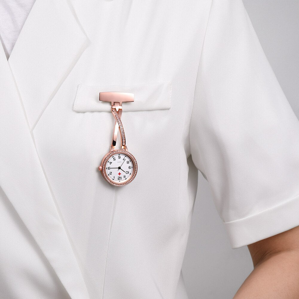Fashion Rosegold CZ Nurse Clip-on Pocket Watch