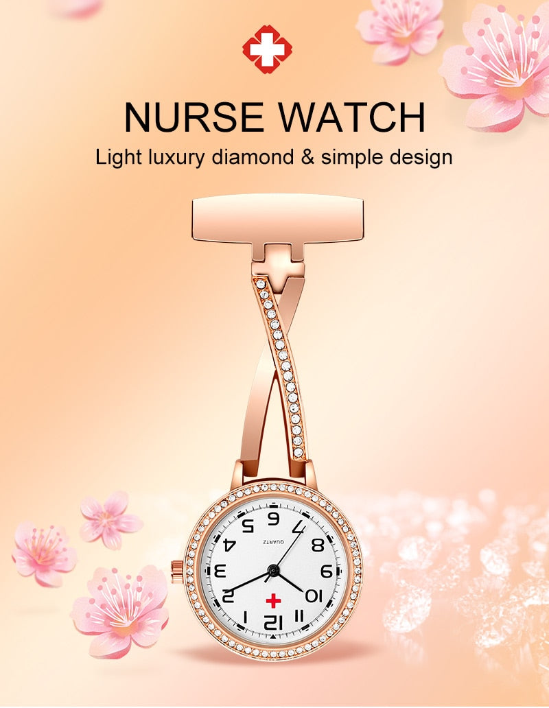 Fashion Rosegold CZ Nurse Clip-on Pocket Watch