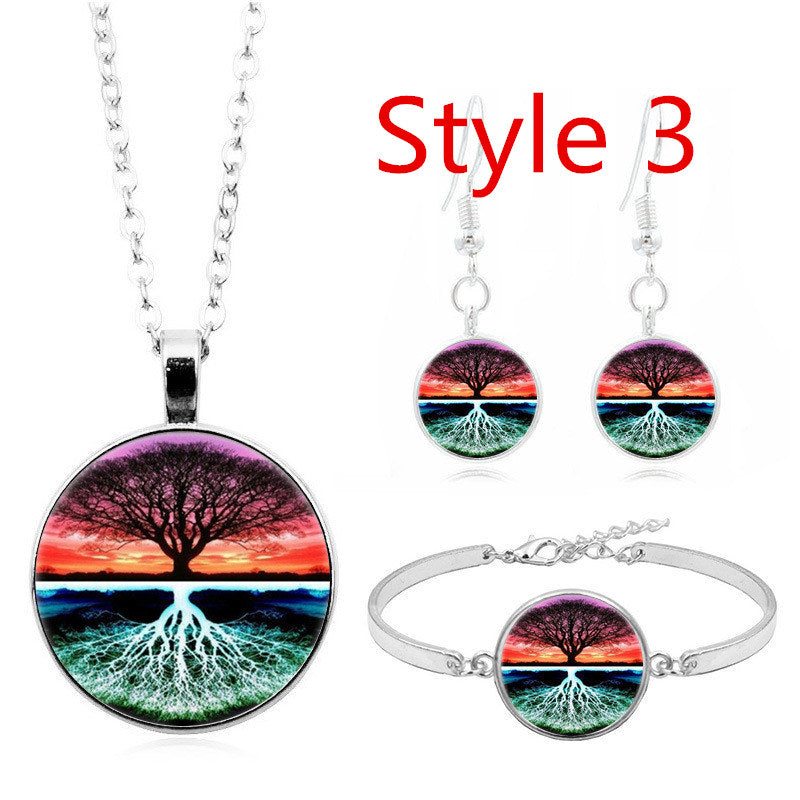 Celtic Tree of Life Glass Cabochon Necklace Stud  Set