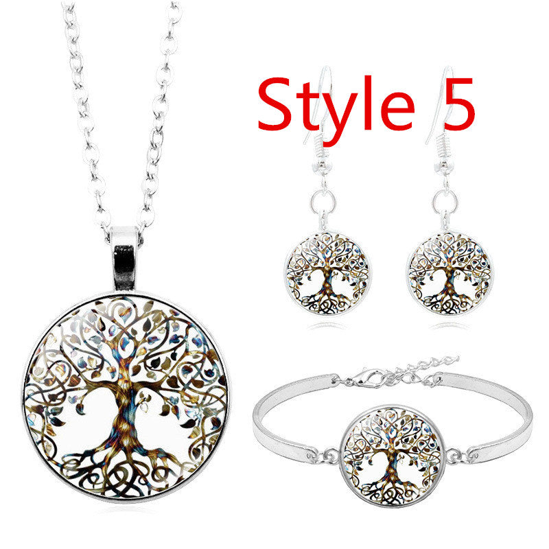 Celtic Tree of Life Glass Cabochon Necklace Stud  Set