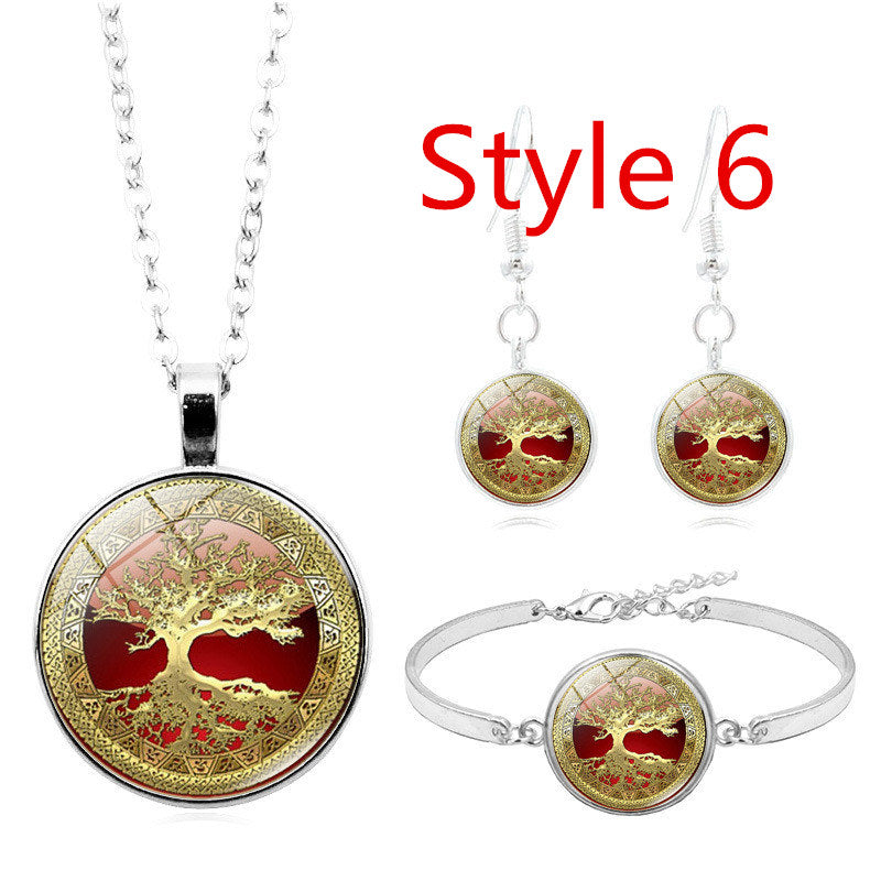 Celtic Tree of Life Glass Cabochon Necklace Stud  Set