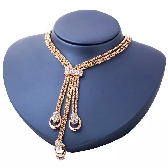 Gold Plated Crystal Zircon Metal Chain Necklace Bracelet Earring Ring Set