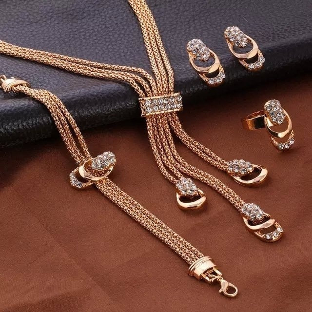 Gold Plated Crystal Zircon Metal Chain Necklace Bracelet Earring Ring Set