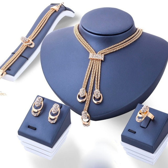 Gold Plated Crystal Zircon Metal Chain Necklace Bracelet Earring Ring Set