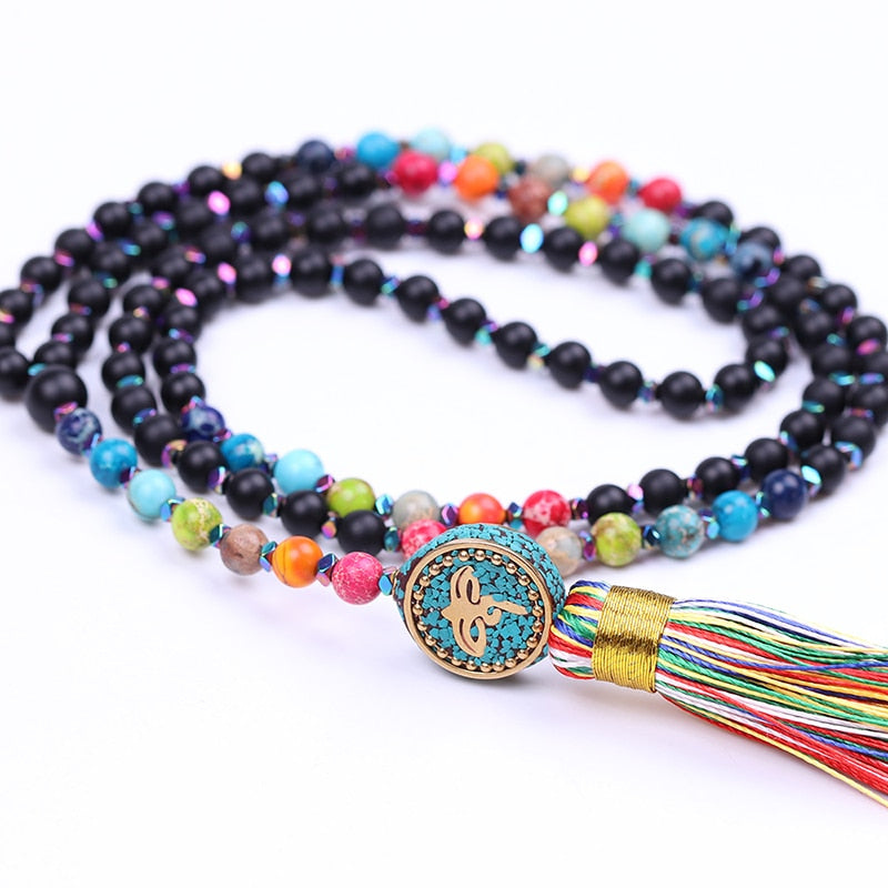Reiki Yoga 6Mm Matte Black Onyx Chakra  Necklace