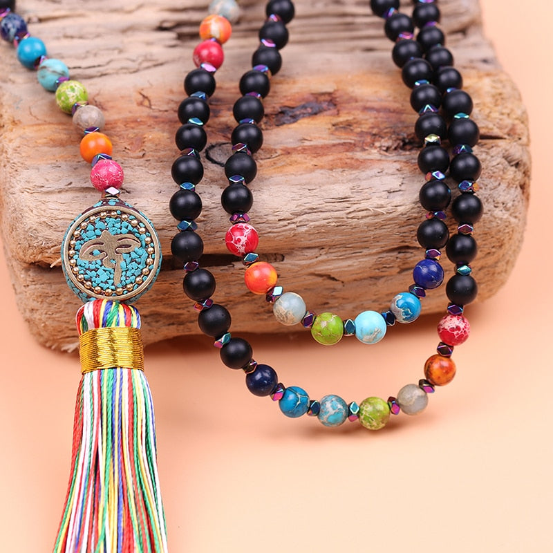 Reiki Yoga 6Mm Matte Black Onyx Chakra  Necklace