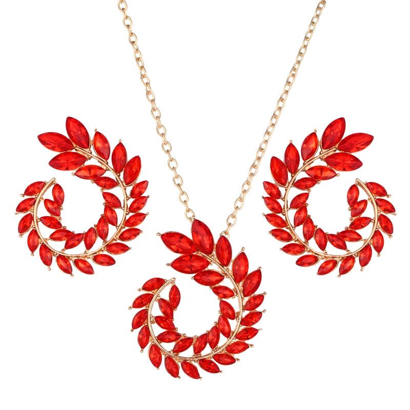 Bohemian Rhinestone Gold Color Leaf Earring&Necklace Set