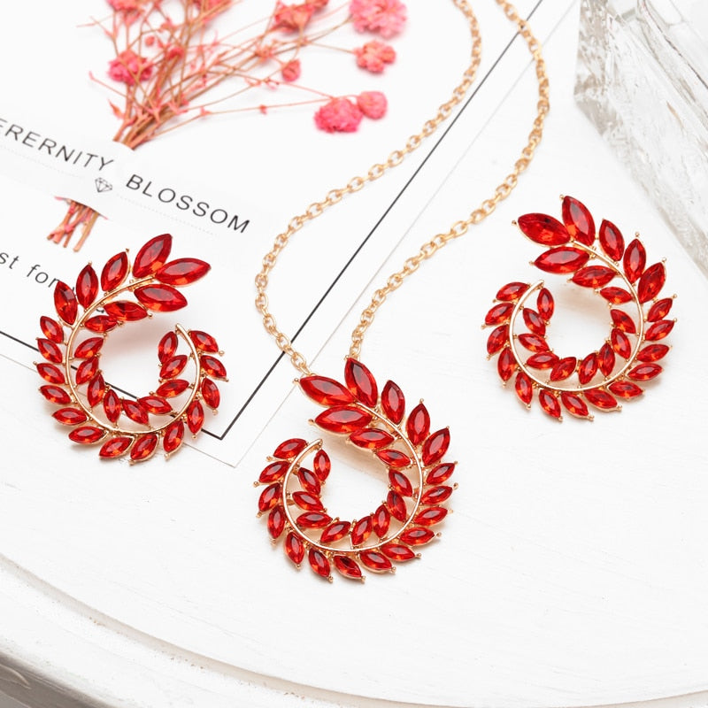 Bohemian Rhinestone Gold Color Leaf Earring&Necklace Set
