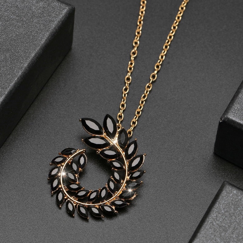 Bohemian Rhinestone Gold Color Leaf Earring&Necklace Set