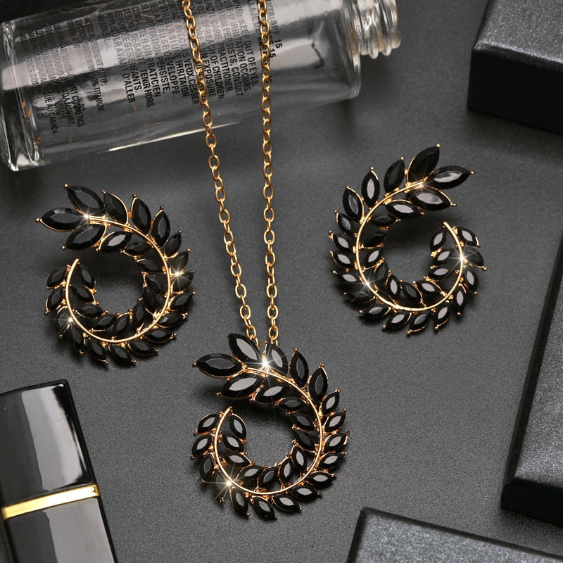 Bohemian Rhinestone Gold Color Leaf Earring&Necklace Set