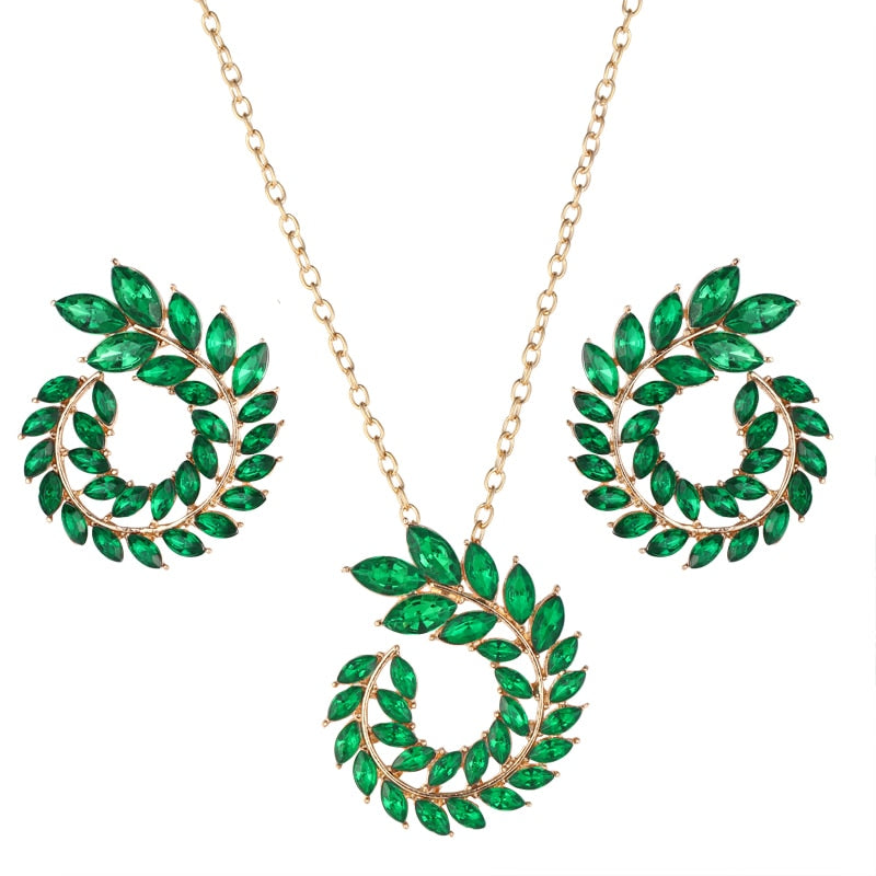 Bohemian Rhinestone Gold Color Leaf Earring&Necklace Set