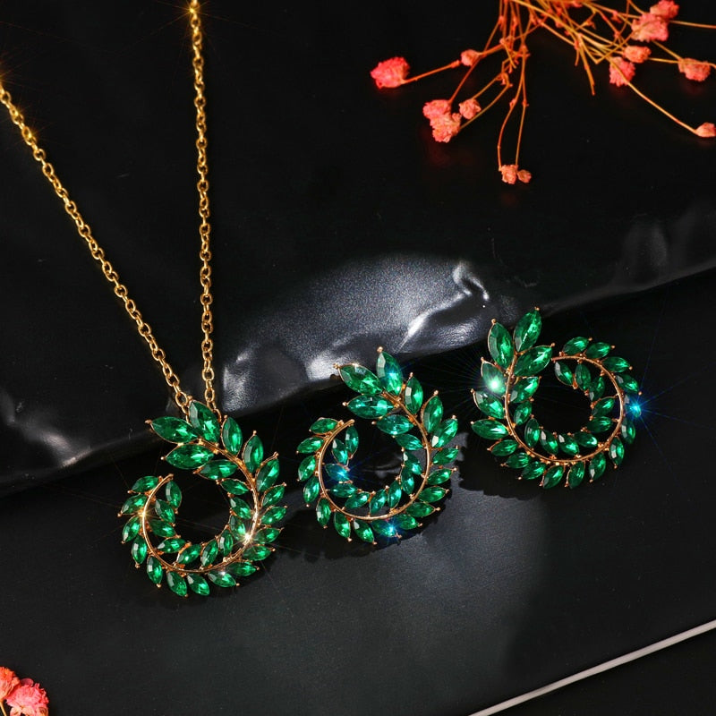 Bohemian Rhinestone Gold Color Leaf Earring&Necklace Set