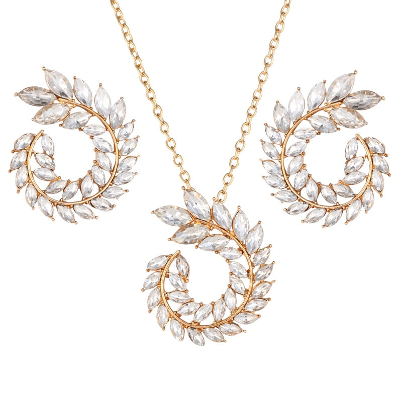 Bohemian Rhinestone Gold Color Leaf Earring&Necklace Set