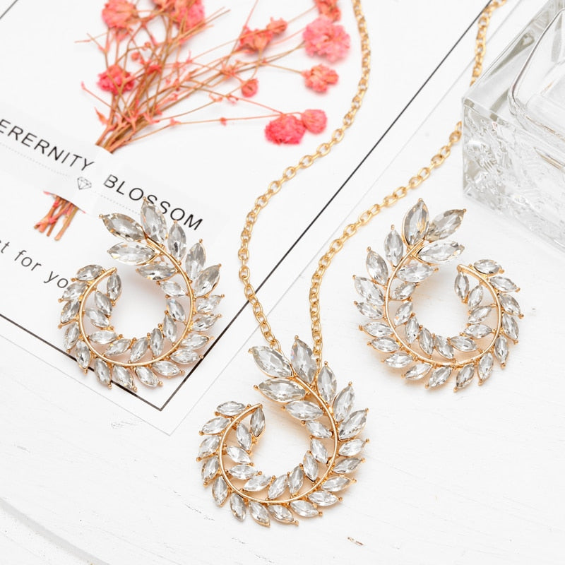 Bohemian Rhinestone Gold Color Leaf Earring&Necklace Set