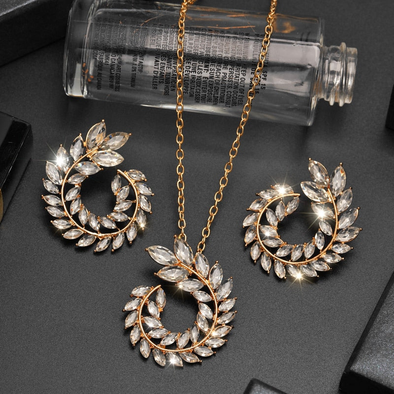 Bohemian Rhinestone Gold Color Leaf Earring&Necklace Set
