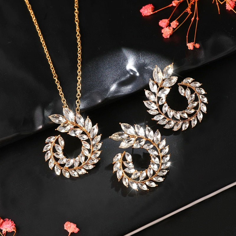Bohemian Rhinestone Gold Color Leaf Earring&Necklace Set
