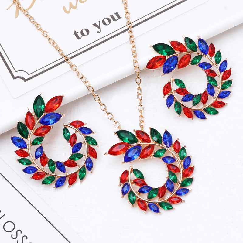 Bohemian Rhinestone Gold Color Leaf Earring&Necklace Set