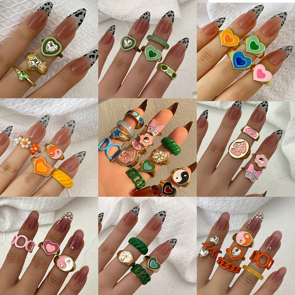 Colorful Heart Y2K Ring Set