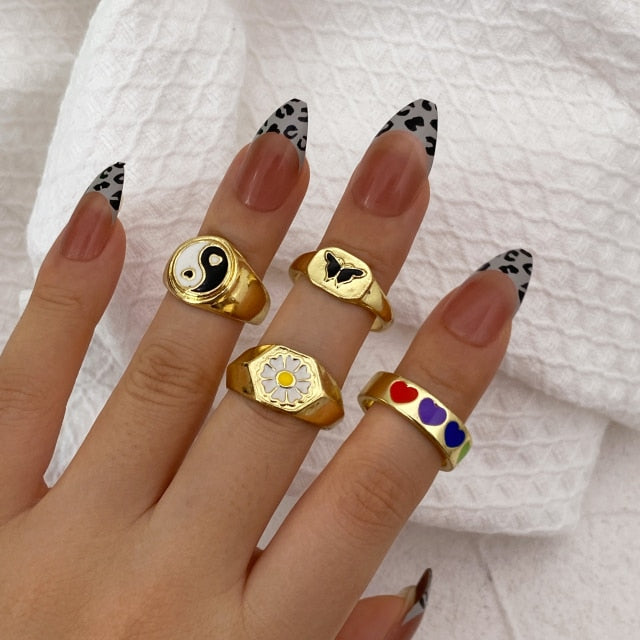 Colorful Heart Y2K Ring Set