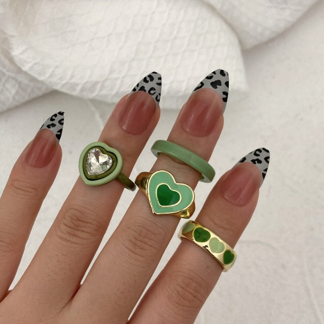 Colorful Heart Y2K Ring Set