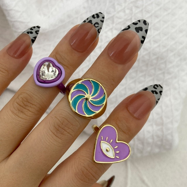 Colorful Heart Y2K Ring Set