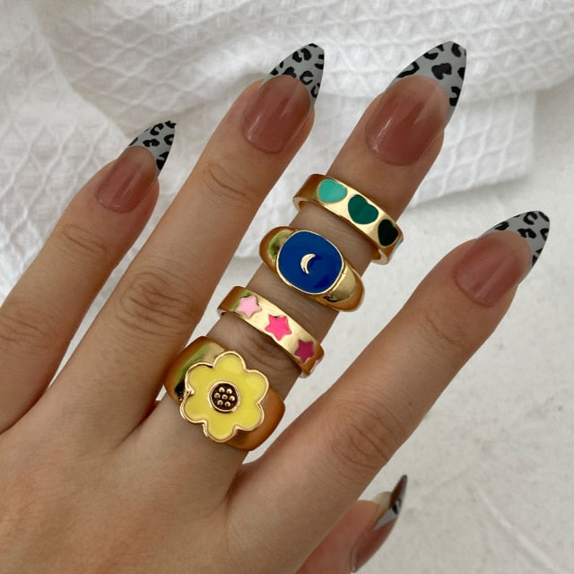 Colorful Heart Y2K Ring Set