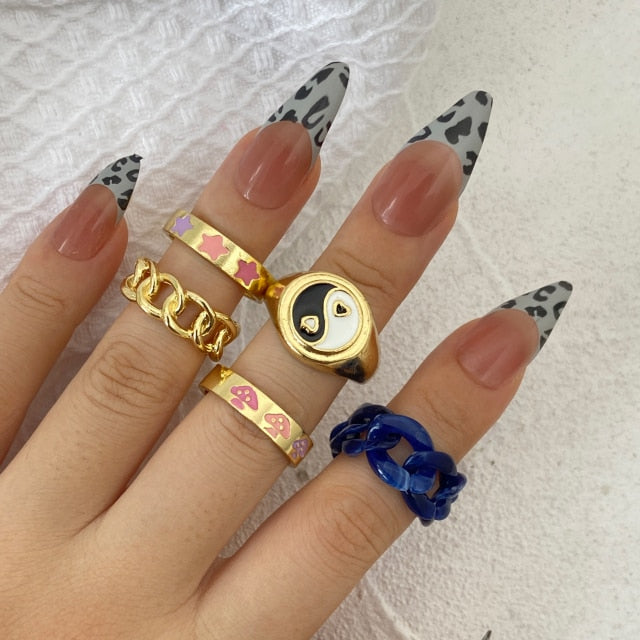 Colorful Heart Y2K Ring Set