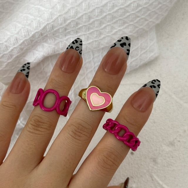 Colorful Heart Y2K Ring Set