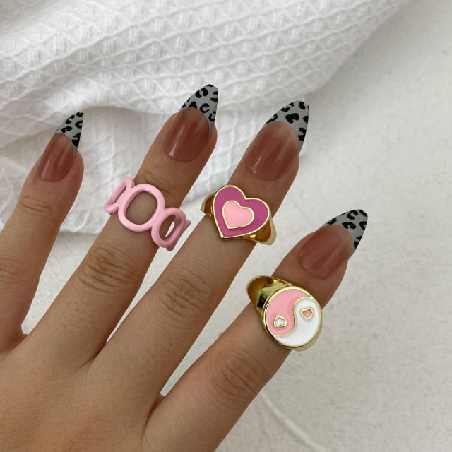 Colorful Heart Y2K Ring Set