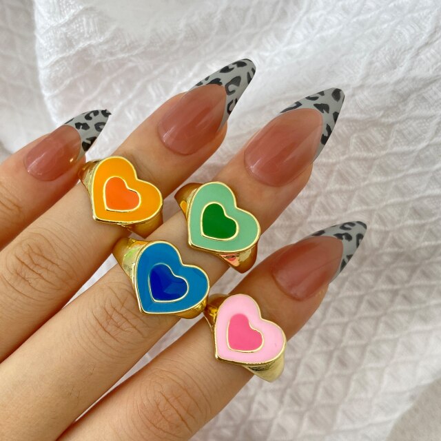 Colorful Heart Y2K Ring Set