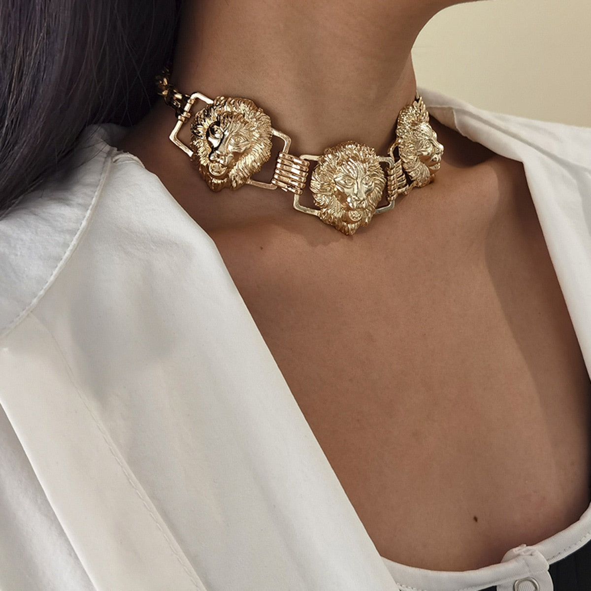 Lion Head Pendant Geometric Chain Necklaces for Women