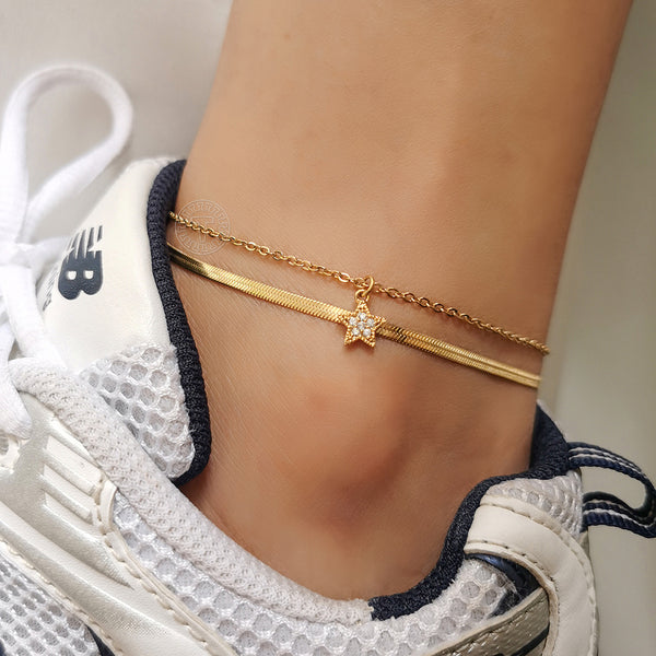 Tobilleras para mujer con colgante de estrella de circonita cúbica y espiga de eslabones rolo