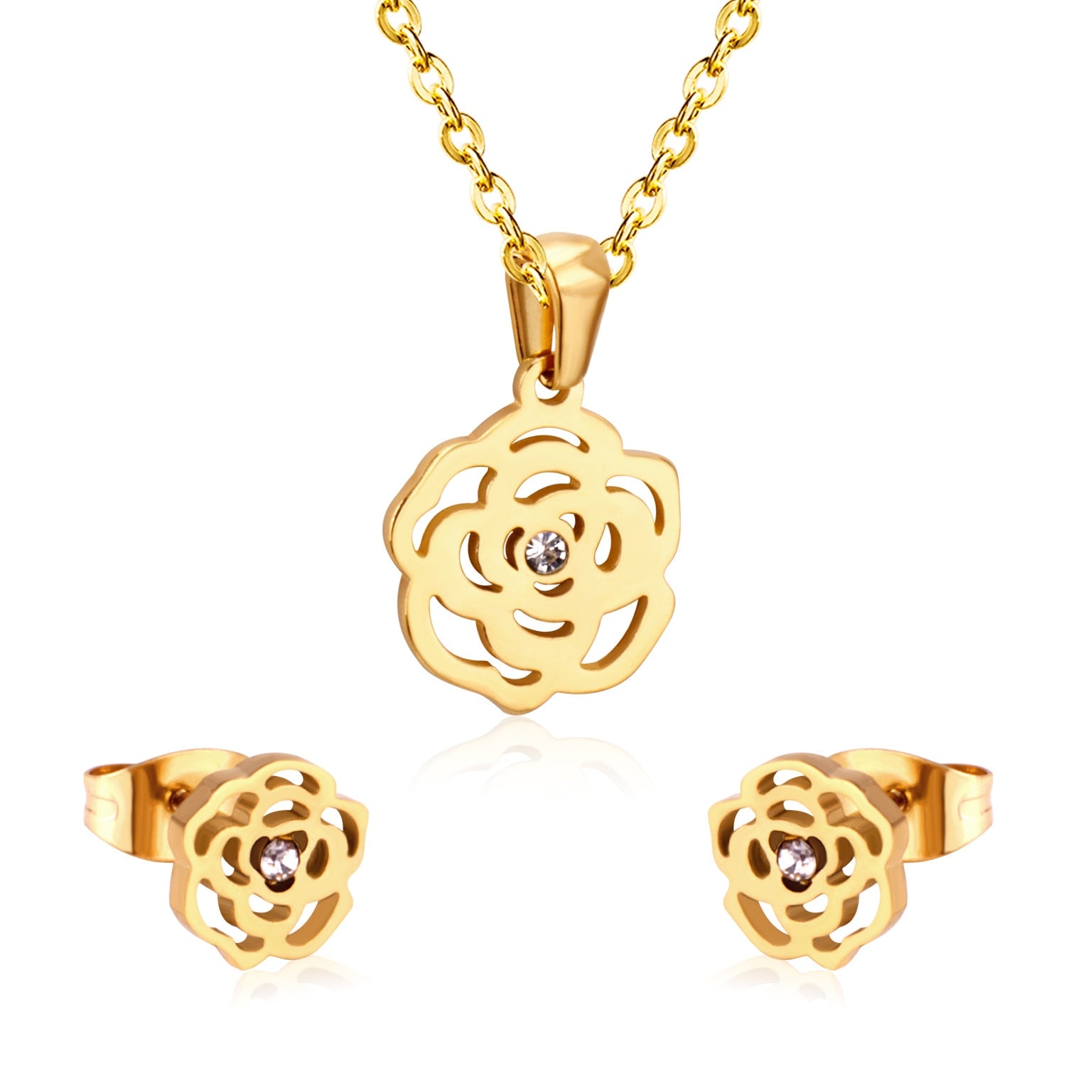 Flower Pendant Chain Necklace Earring Dubai Bridal Wedding Jewelry Sets